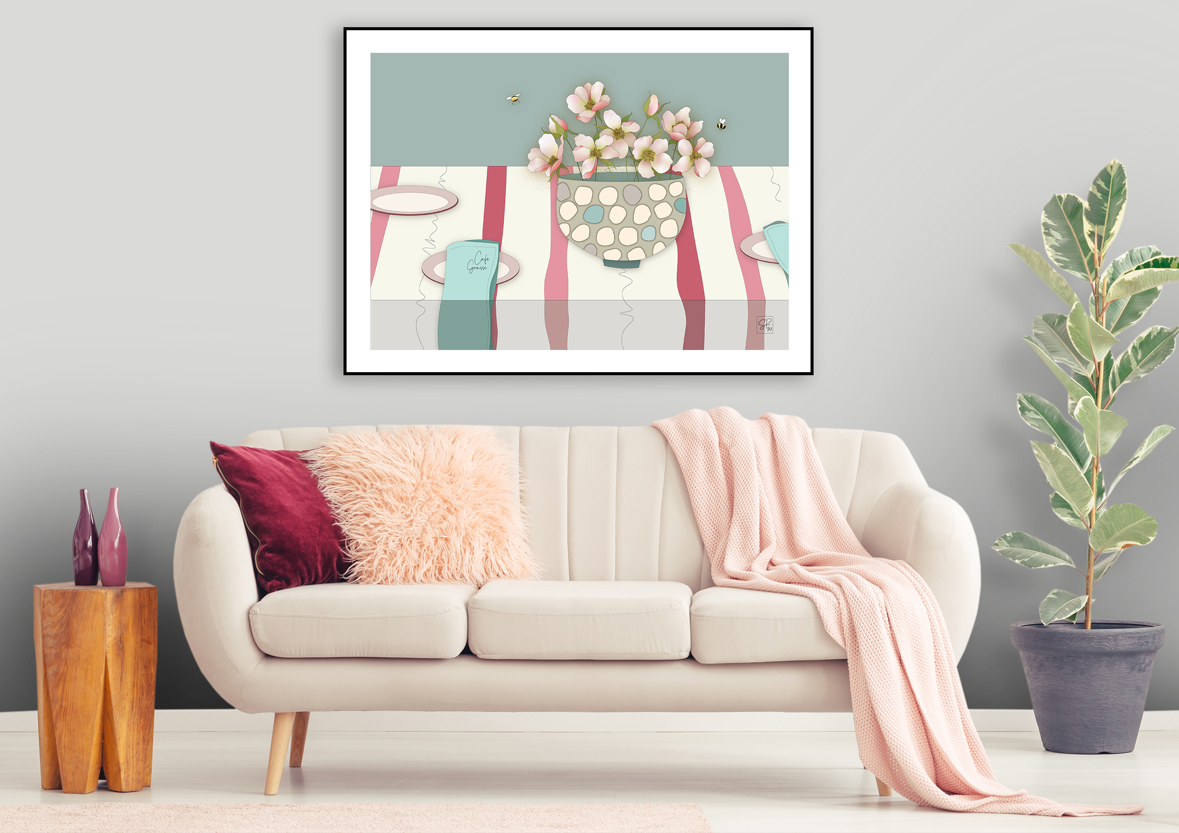 Playful contemporary illustration by Francis Russell-Brett blending whimsy and precision, styled in an interior design setting